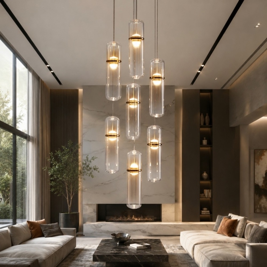 Lampadario elegante per soggiorno moderno capsule in vetro ambra led biemissione