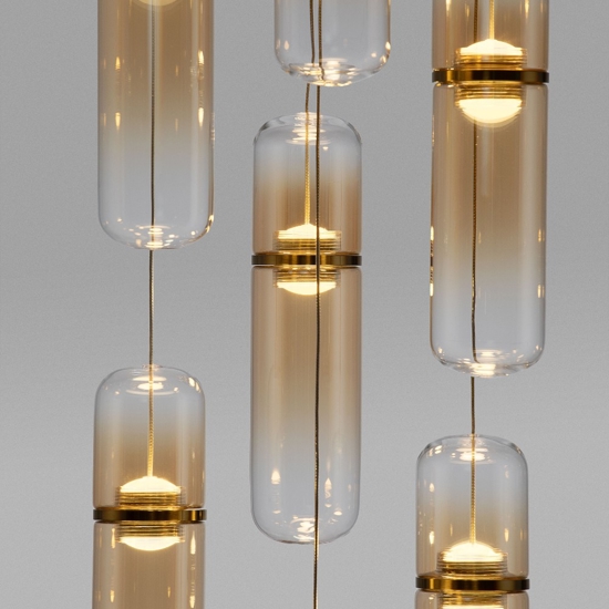 Lampadario elegante per soggiorno moderno capsule in vetro ambra led biemissione