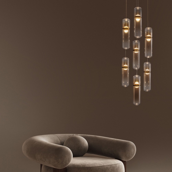 Lampadario elegante per soggiorno moderno capsule in vetro ambra led biemissione