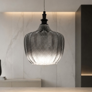 Lampada a sospensione in vetro rigato fume design contemporaneo