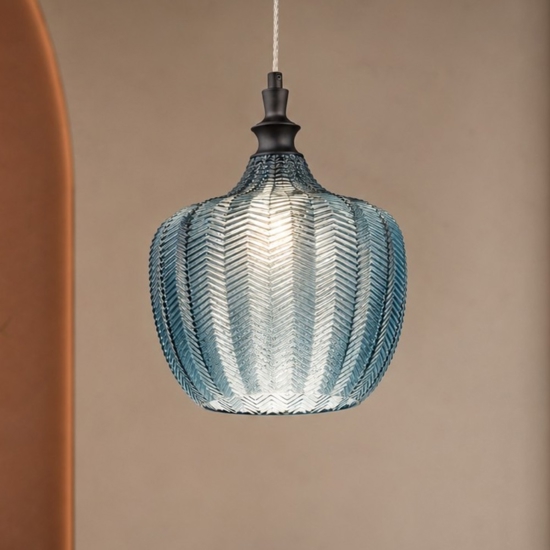 Lampada pendente a sospensione in vetro lavorato blu