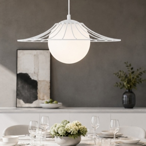 Lampadario bianco per cucina moderna cappello in metallo sfera in vetro