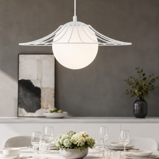 Lampadario bianco per cucina moderna cappello in metallo sfera in vetro
