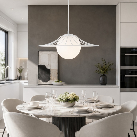 Lampadario bianco per cucina moderna cappello in metallo sfera in vetro