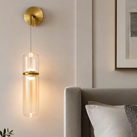 Applique oro pendente capsula in vetro ambra led biemissione per camera da letto