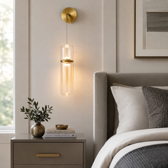 Applique oro pendente capsula in vetro ambra led biemissione per camera da letto