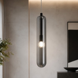 Lampada a sospensione capsula di vetro fume moderna per comodini camera da letto