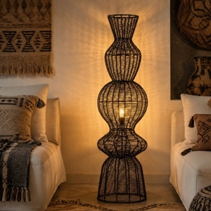 Piantana di rattan nero intrecciato per soggiorno