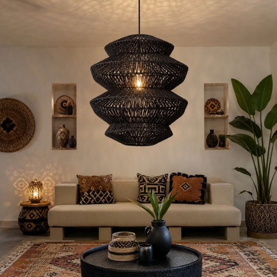 Lampadario in rattan nero a sospensione 40 cm