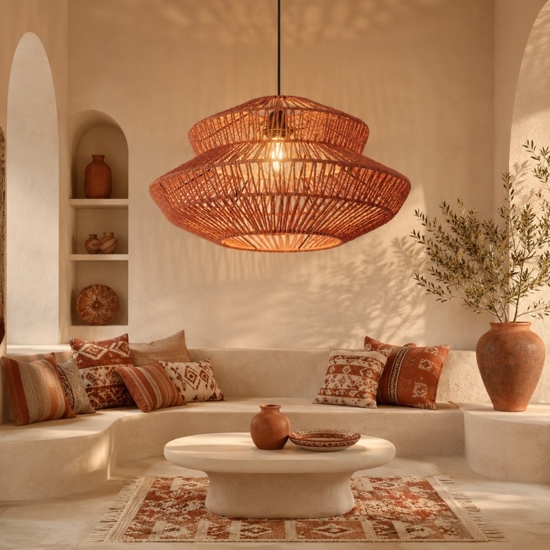 Lampadario di rattan rosso intrecciato per soggiorno