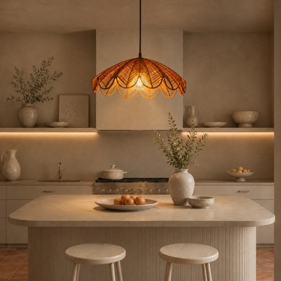 Lampadario di rattan miele intrecciato per cucina
