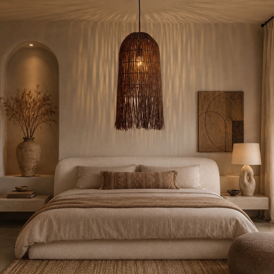 Lampadario di rattan marrone lungo per camera da letto