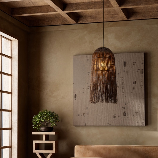 Lampadario di rattan marrone lungo per camera da letto