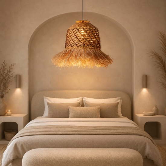 Lampadario rattan giacinto d'acqua intrecciato rafia corda