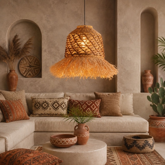 Lampadario rattan giacinto d'acqua intrecciato rafia corda