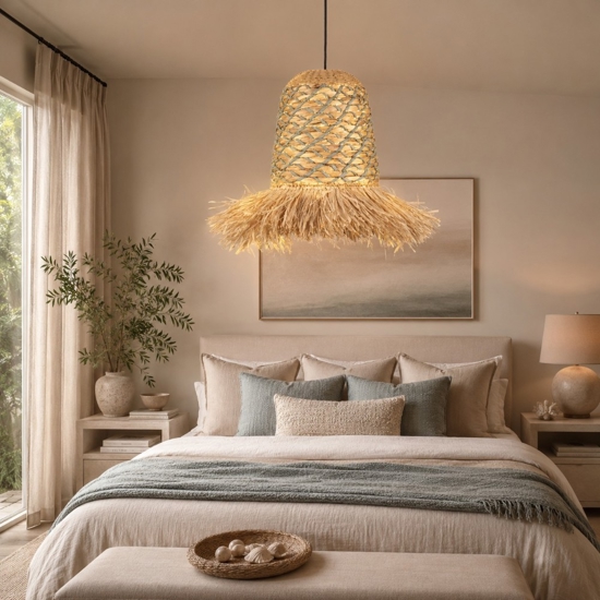 Lampadario in rattan giacinto d'acqua rafia corda verde salvia per camera da letto