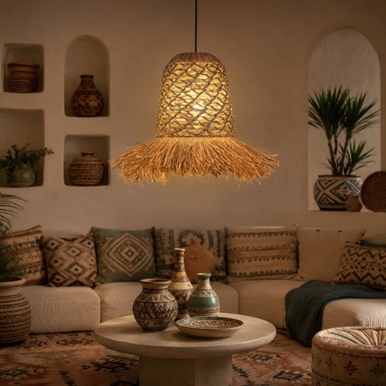 Lampadario in rattan giacinto d'acqua rafia corda verde salvia per camera da letto