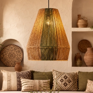 Lampadario rattan in corda sabbia e verde
