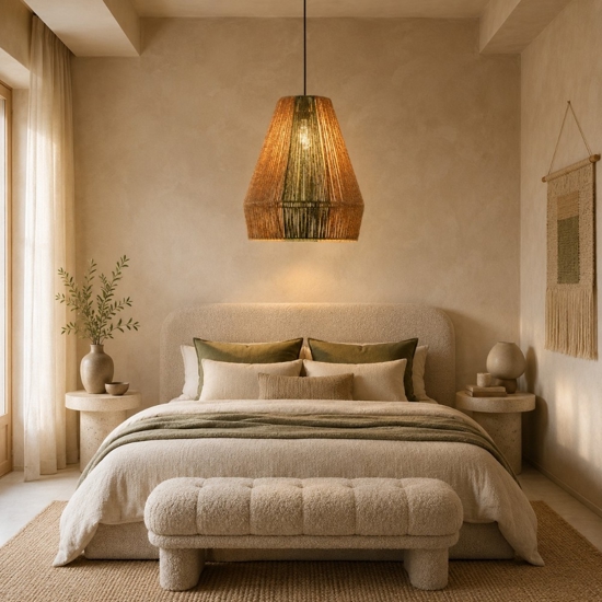 Lampadario rattan in corda sabbia e verde