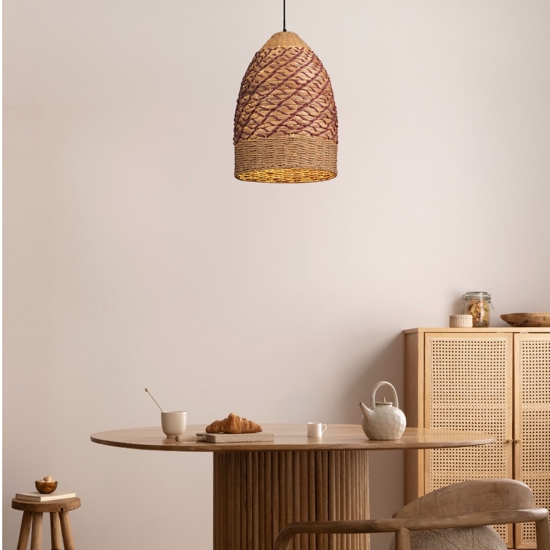 Lampadario a sospensione di rattan giacinto d'acqua naturale e corda rossa