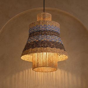 Lampadario di rattan per soggiorno corda naturale blu e nero