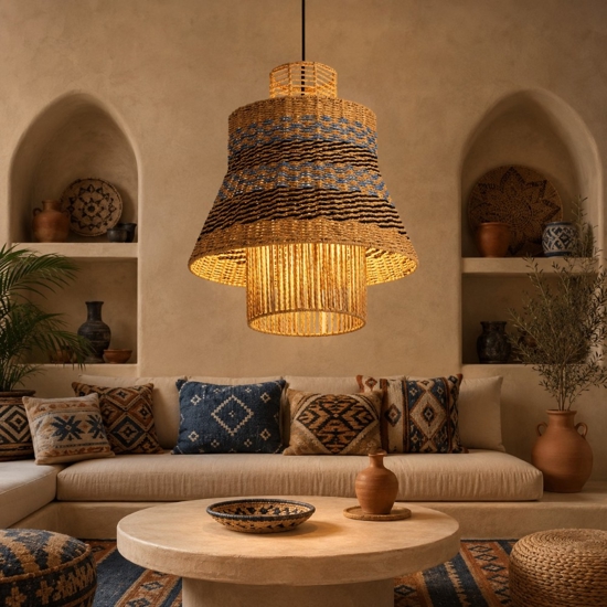 Lampadario di rattan per soggiorno corda naturale blu e nero