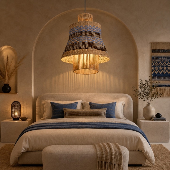 Lampadario di rattan per soggiorno corda naturale blu e nero