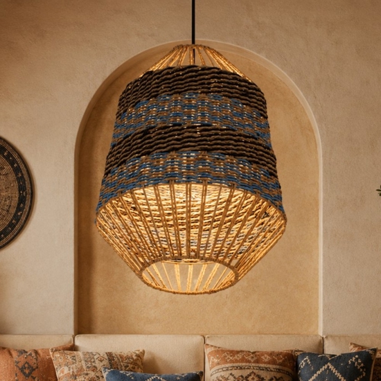 Lampadario rattan corda naturale per interni blu e nero