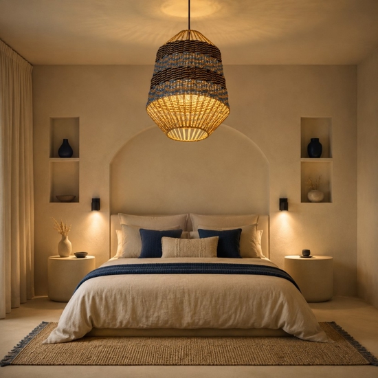 Lampadario rattan corda naturale per interni blu e nero