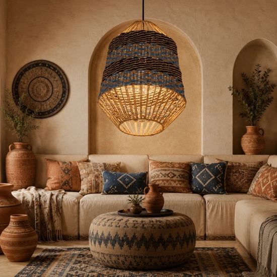 Lampadario rattan corda naturale per interni blu e nero