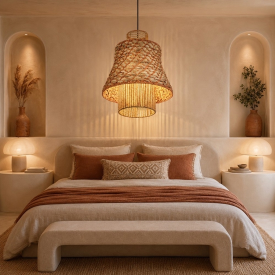 Lampadario in rattan corda naturale arancione cavo nero