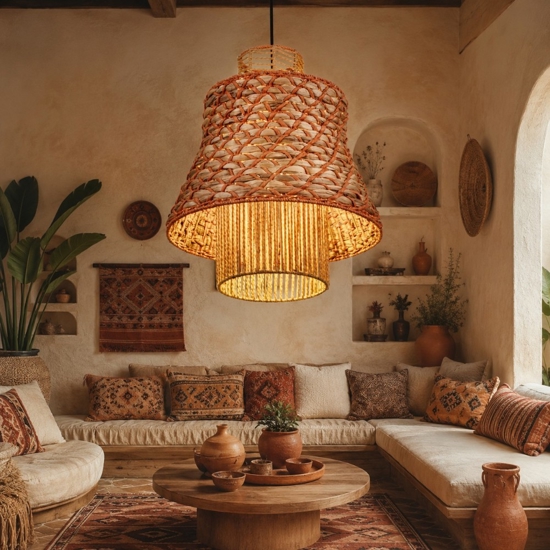 Lampadario in rattan corda naturale arancione cavo nero