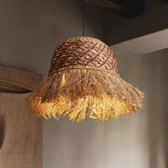 Lampadario a sospensione di rattan giacinto d'acqua intrecciato rafia corda per camera da letto