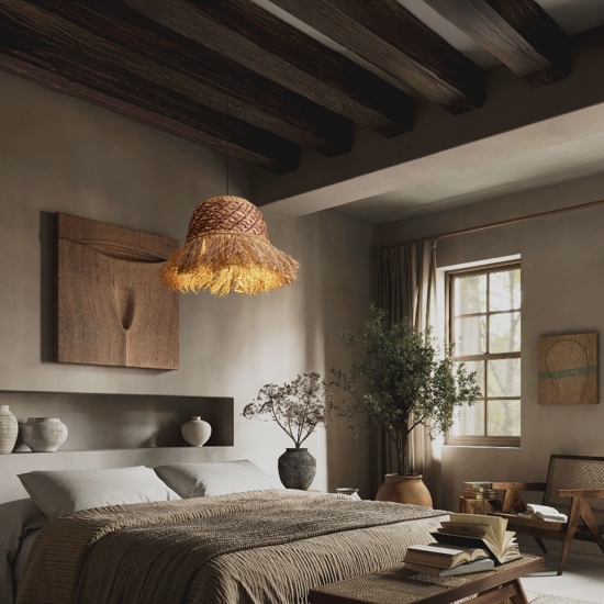 Lampadario a sospensione di rattan giacinto d'acqua intrecciato rafia corda per camera da letto