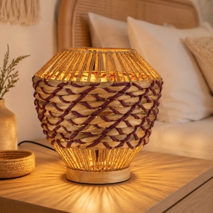 Lampada da comodino abat-jour in rattan giacinto d'acqua naturale corda rossa