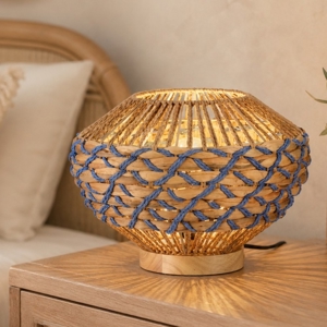 Lampada da comodino in rattan giacinto d'acqua naturale corda blu per camera da letto