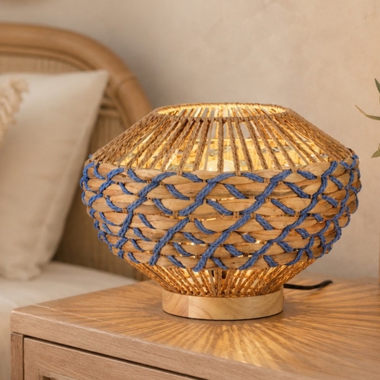 Lampada da comodino in rattan giacinto d'acqua naturale corda blu per camera da letto