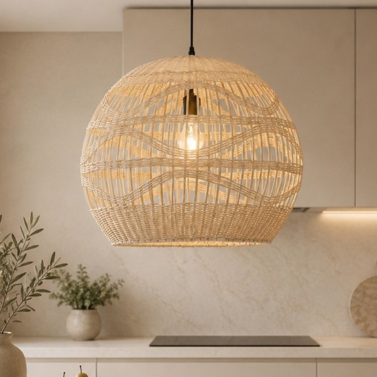 Lampadario cupola di rattan naturale 49 cm per cucina