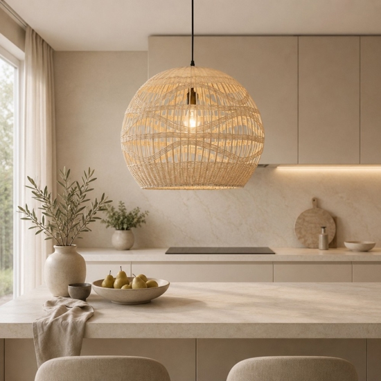 Lampadario cupola di rattan naturale 49 cm per cucina