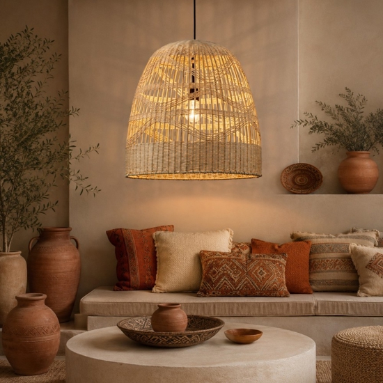 Lampadario cupola di rattan naturale 46 cm per cucina