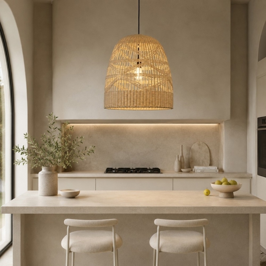 Lampadario cupola di rattan naturale 46 cm per cucina