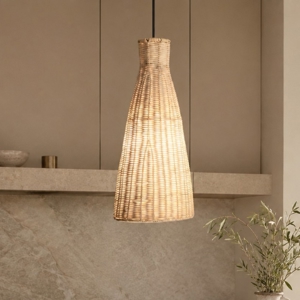 Lampada a sospensione cono di rattan naturale per isola cucina