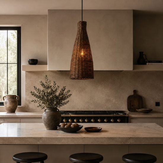 Lampada di rattan marrone intrecciato a sospensione per isola cucina