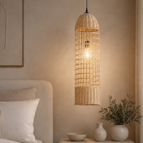 Lampada a sospensione in rattan naturale intrecciato per comodino camera da letto