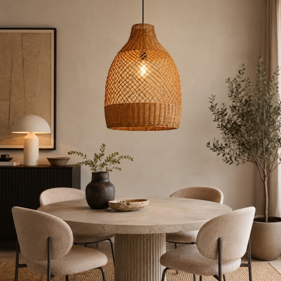 Lampadario di rattan miele intrecciato per sala da pranzo