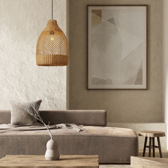 Lampadario di rattan miele intrecciato per sala da pranzo