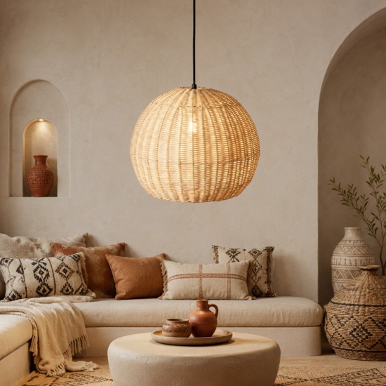 Lampadario a sospensione cupola di rattan naturale 39 cm per sala da pranzo