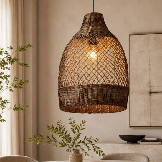 Lampadario a sospensione di rattan marrone intrecciato per sala da pranzo