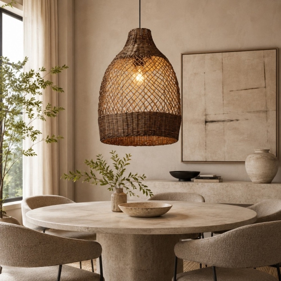 Lampadario a sospensione di rattan marrone intrecciato per sala da pranzo