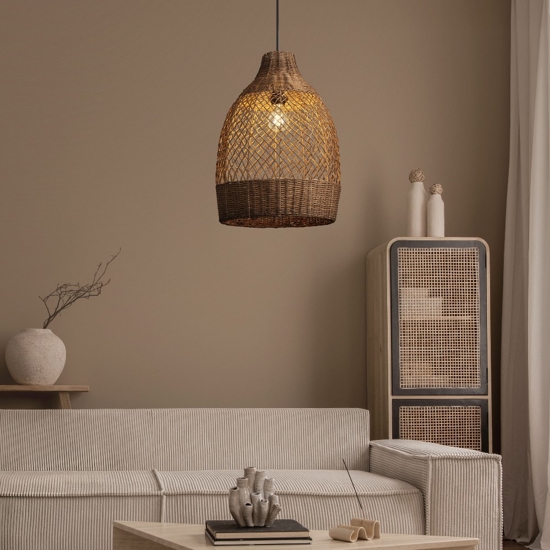 Lampadario a sospensione di rattan marrone intrecciato per sala da pranzo